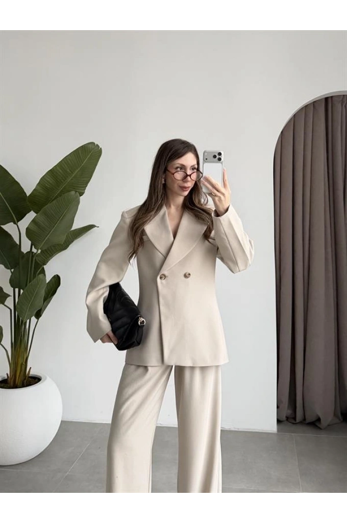 Belden Oturtmalı Kruvaze Astarlı Taş Blazer Ceket