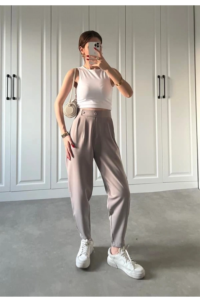 Beli Çift Düğme Detaylı Gri Kumaş Pantolon