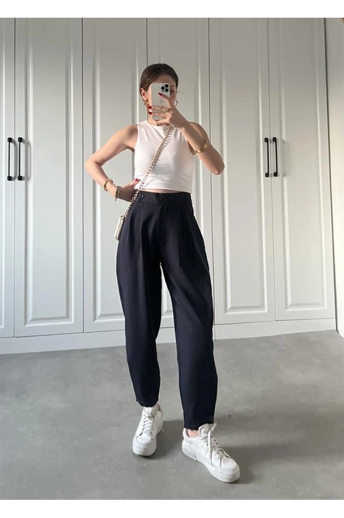 Beli Çift Düğme Detaylı Lacivert Kumaş Pantolon