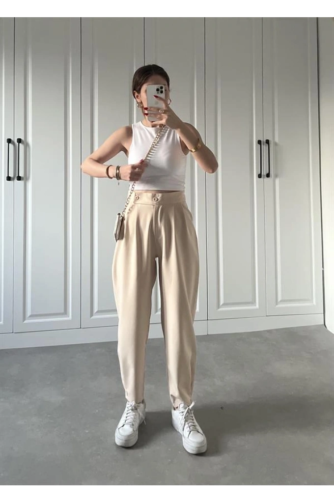 Beli Çift Düğme Detaylı Taş Kumaş Pantolon