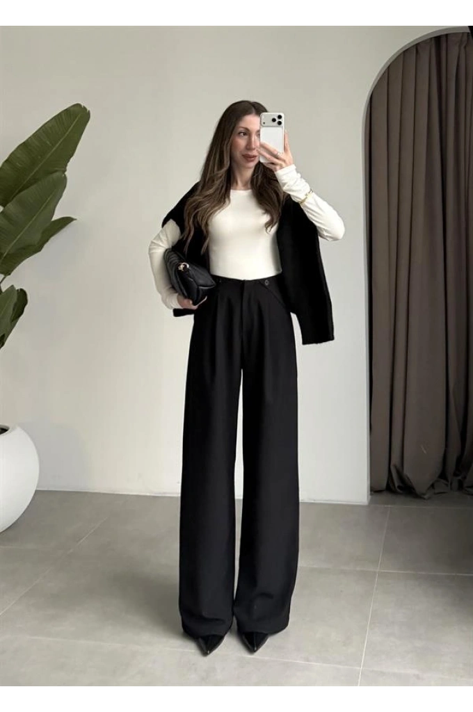 Beli Düğme Detaylı Dökümlü Siyah Palazzo Pantolon