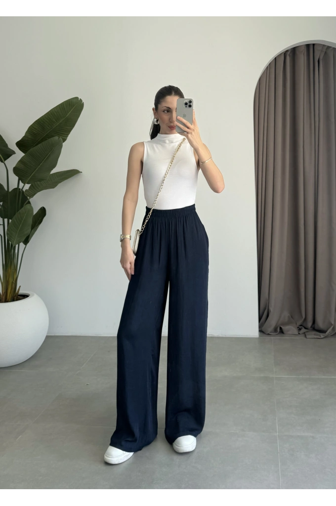 Beli Lastikli Lacivert Tiril Pantolon