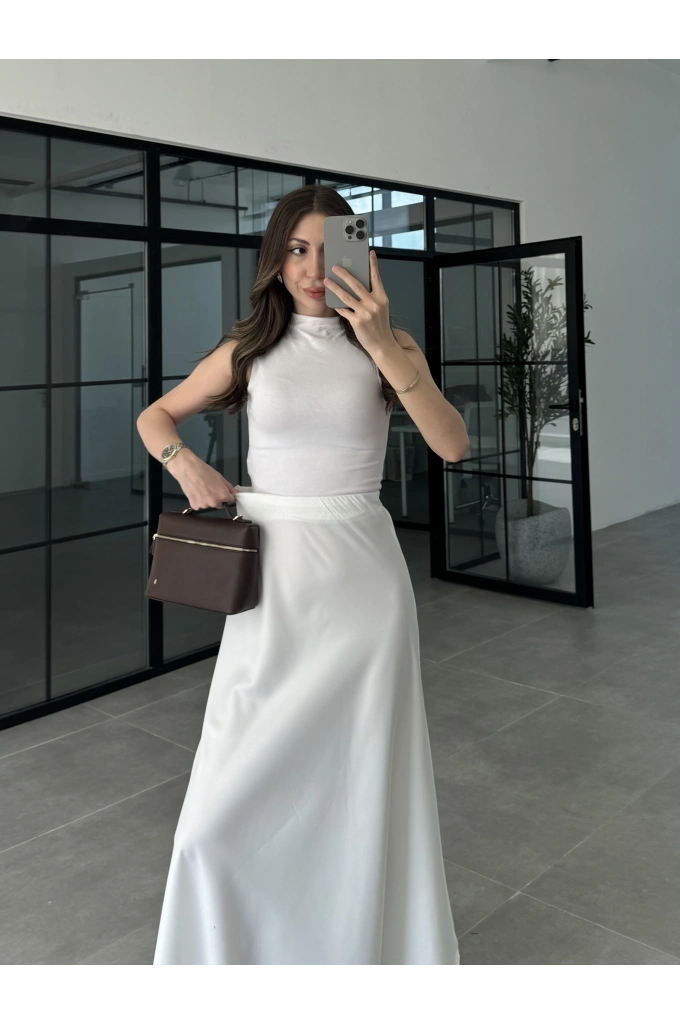 Beli Lastikli Maxi Beyaz Saten Etek