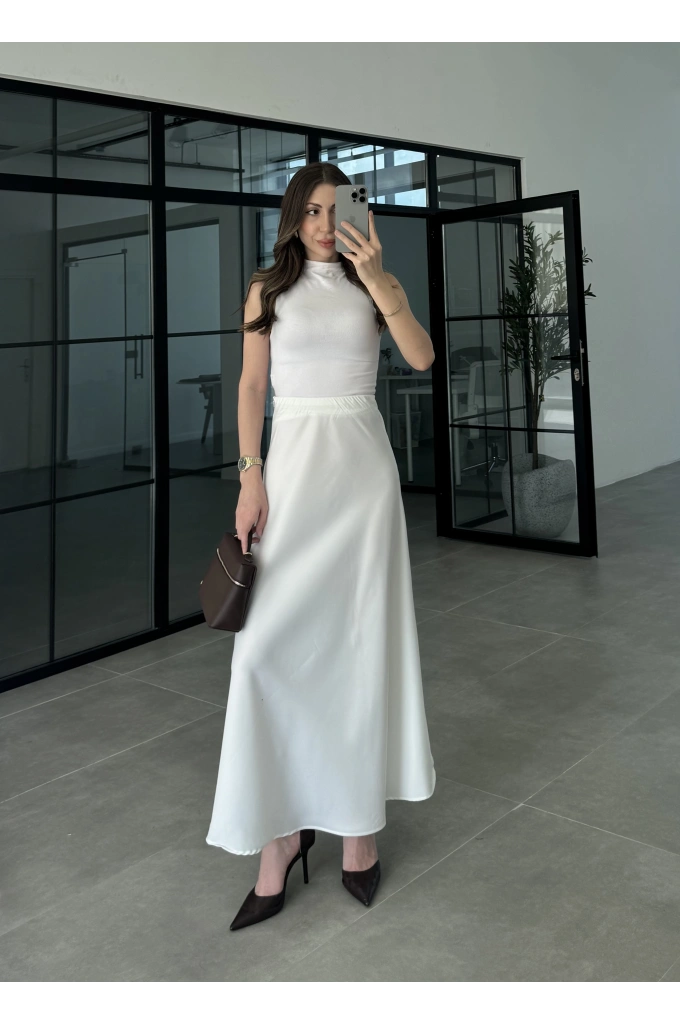 Beli Lastikli Maxi Beyaz Saten Etek