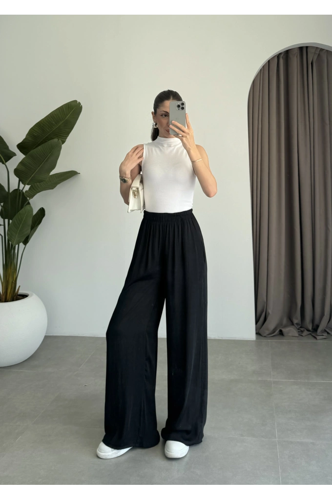 Beli Lastikli Siyah Tiril Pantolon