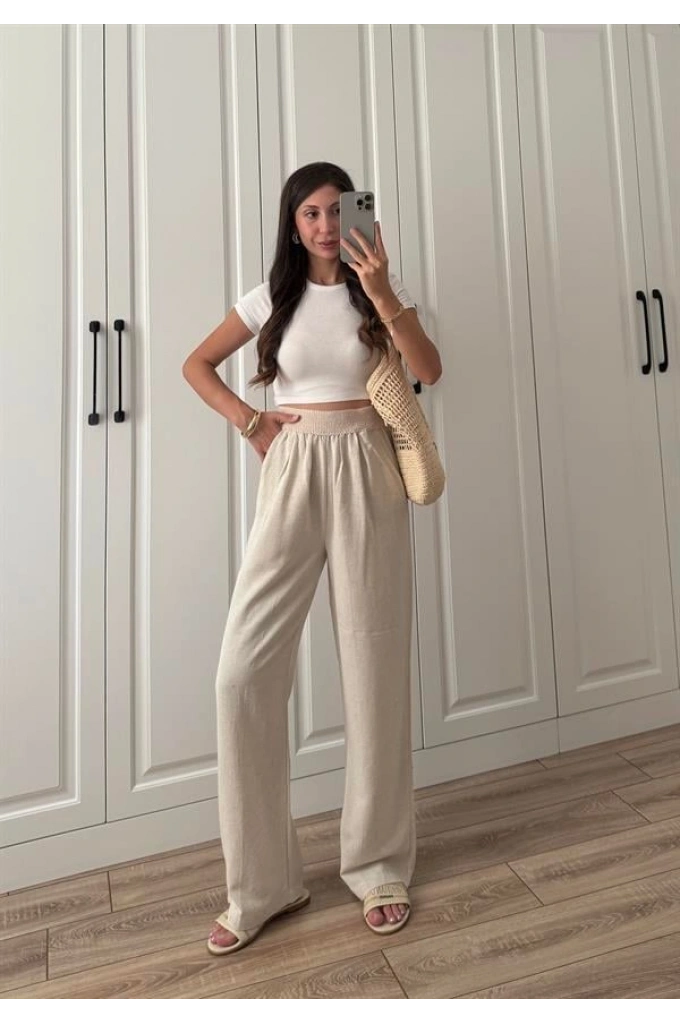 Beli Örgü Kemer Detaylı Taş Keten Palazzo Pantolon