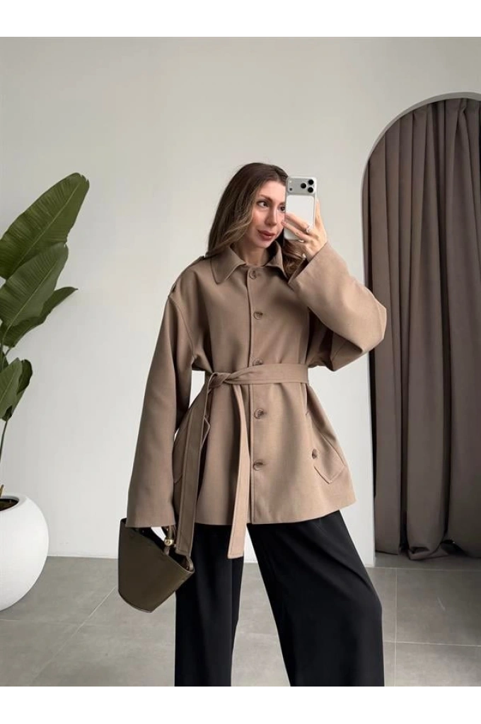 Bella Kuşaklı Astarlı Premium Haki Trençkot