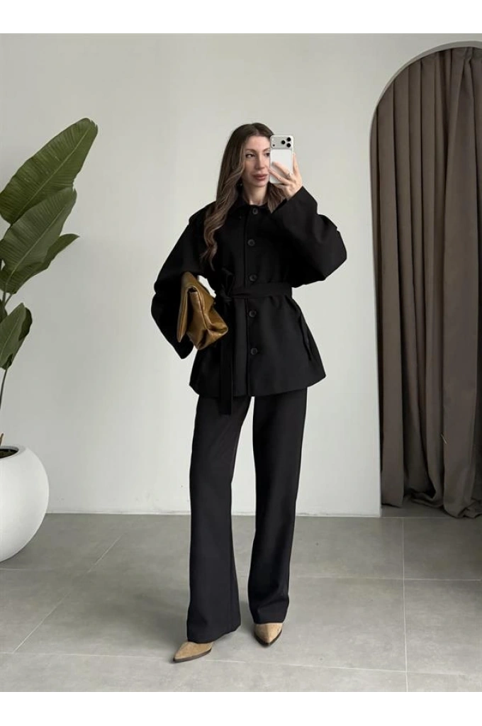 Bella Kuşaklı Astarlı Premium Siyah Trençkot