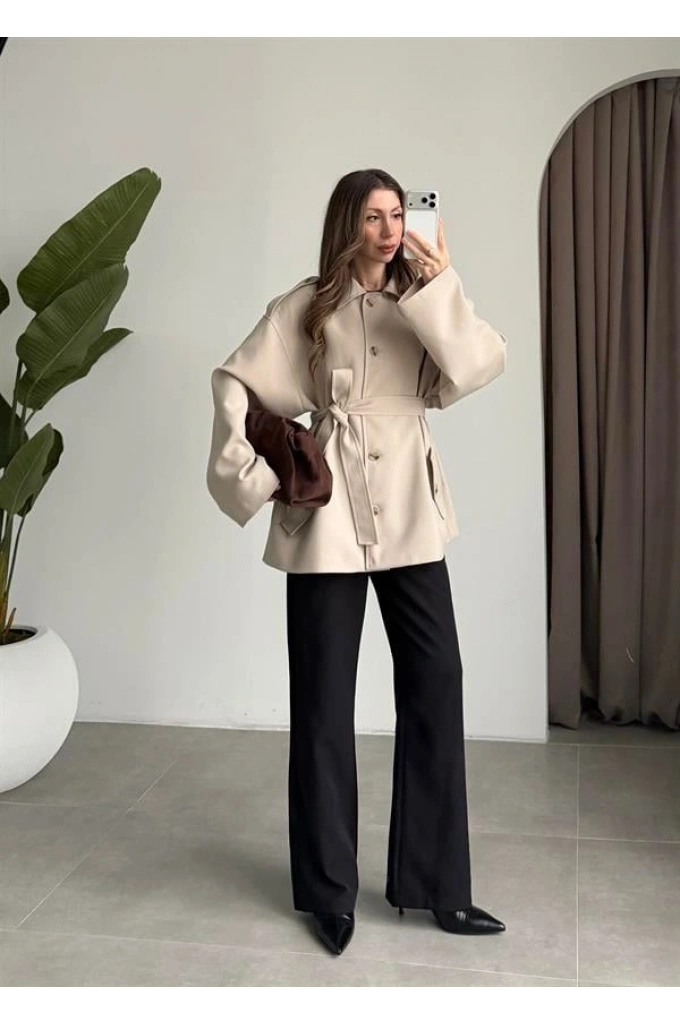 Bella Kuşaklı Astarlı Premium Taş Trençkot