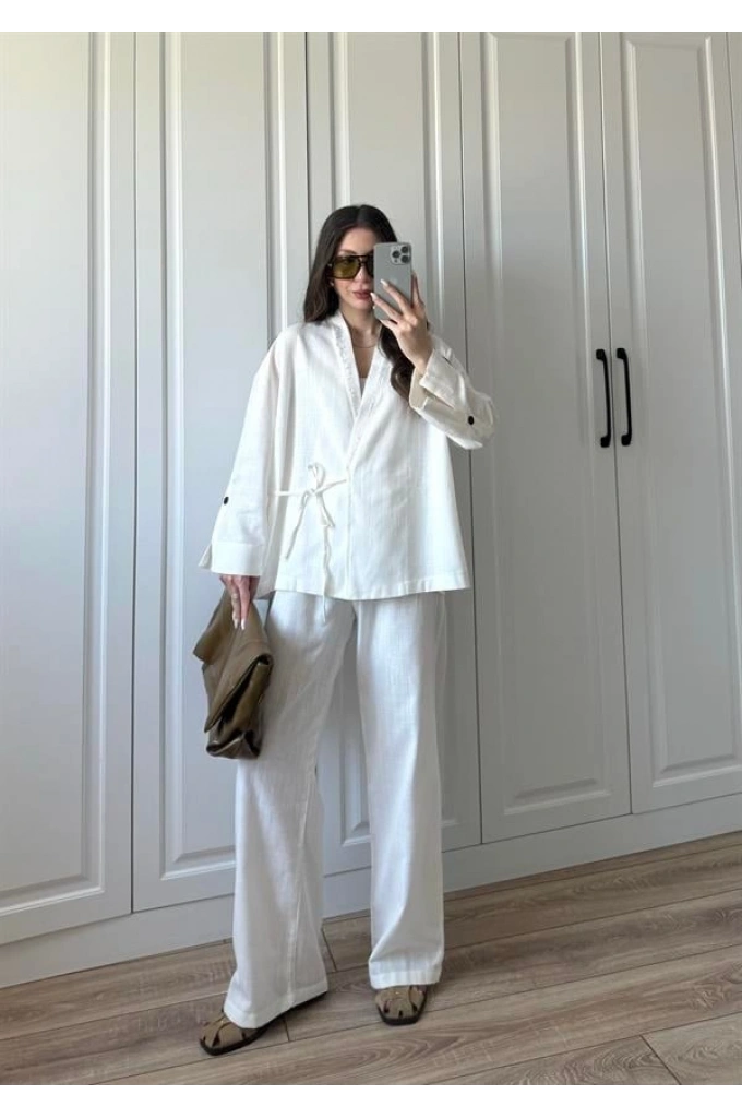 Berlin Ham Keten Beyaz Kimono Takım