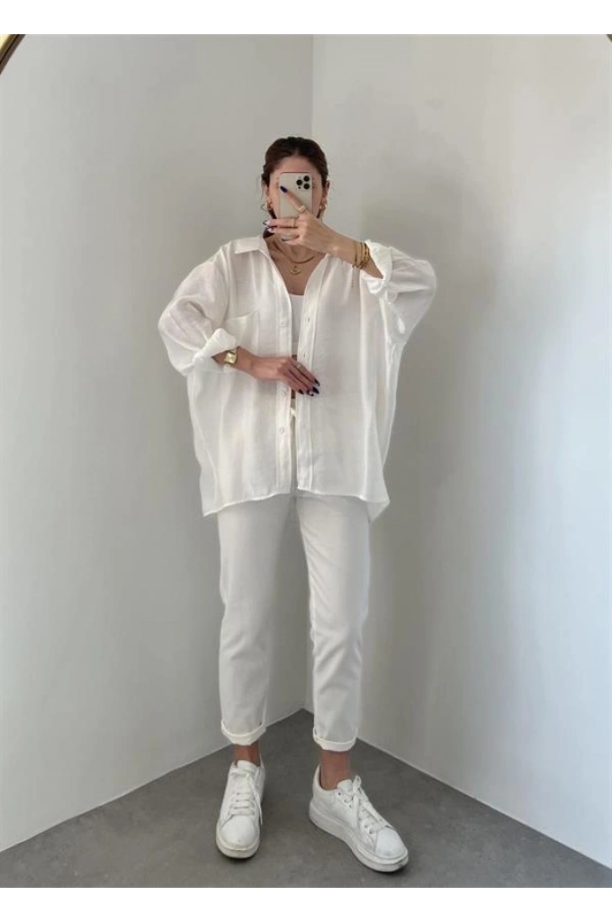 Beyaz Oversize Tensel Gömlek