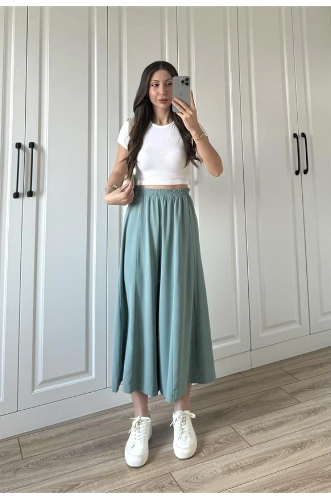 Bilek Boy Geniş Paça Mint Yeşili Pantolon