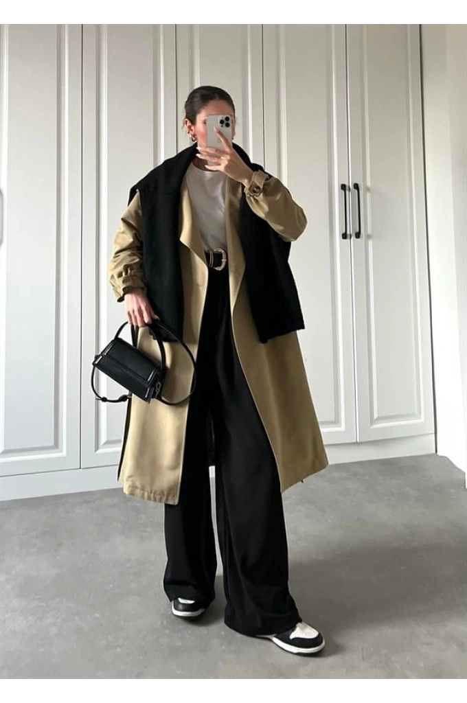 Bilek Detaylı Oversize Kuşaklı Nude Yeşili Trençkot