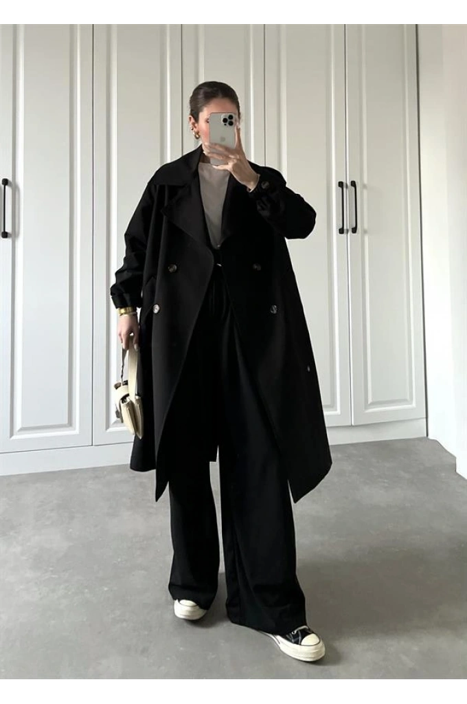 Bilek Detaylı Oversize Kuşaklı Siyah Trençkot