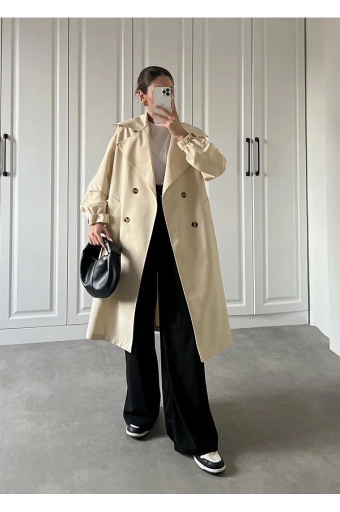 Bilek Detaylı Oversize Kuşaklı Taş Trençkot