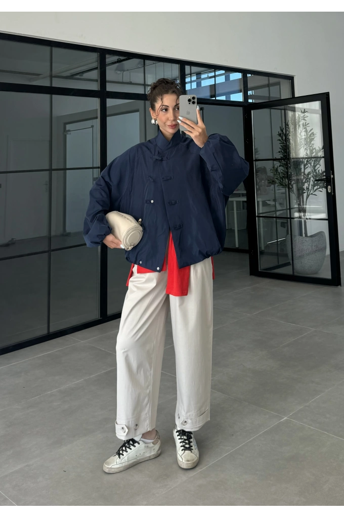 Birit Detaylı Lacivert Paraşüt Ceket