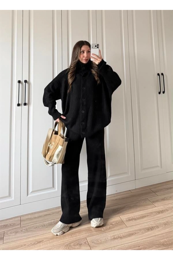 Boğazlı Oversize Siyah Triko Hırka Takım