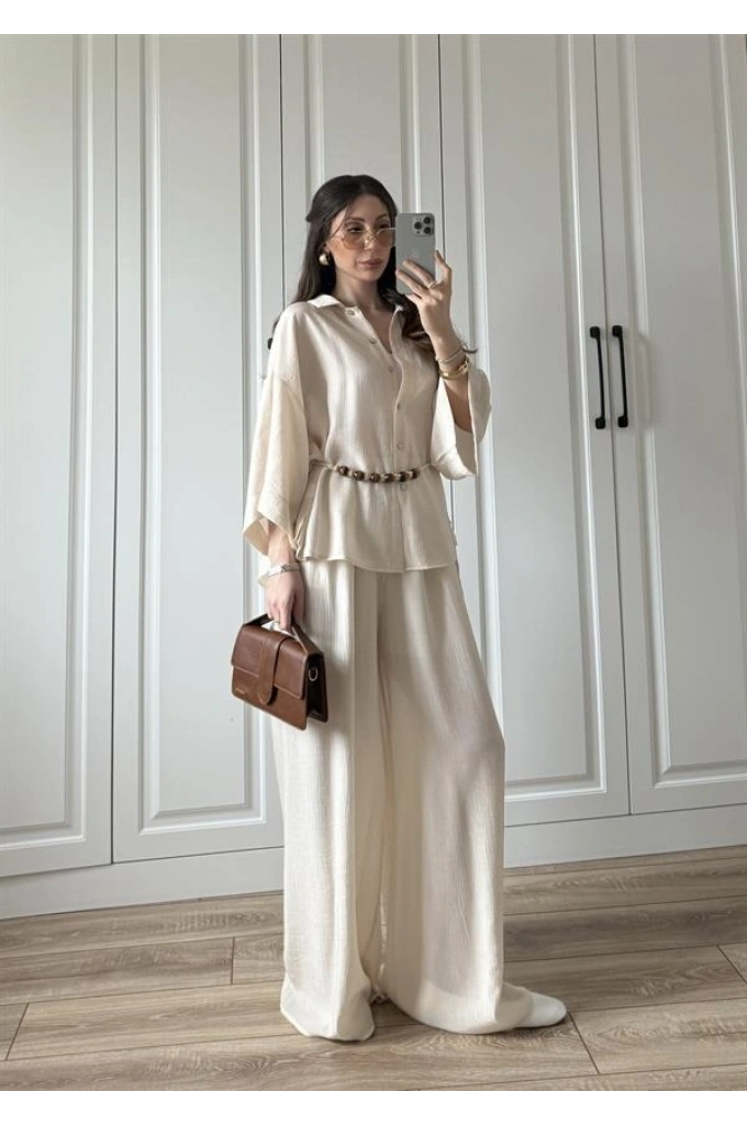Bohem Kemerli Krinkıl Krem Oversize Takım