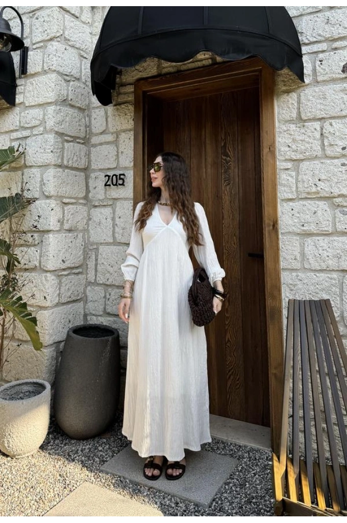 Bohem V Yaka Taş Gofre Elbise