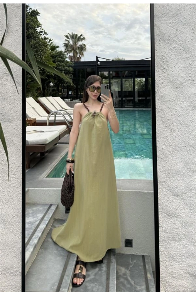 Boncuk Askılı Keten Çağla Uzun Elbise