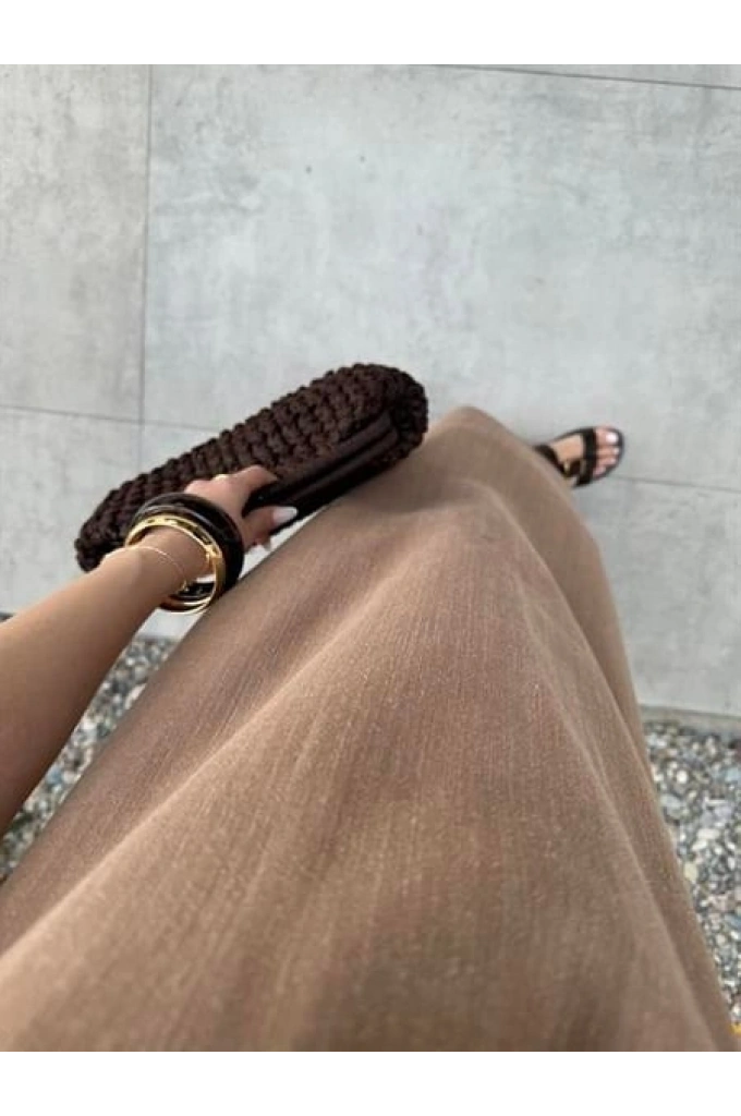 Boncuk Askılı Keten Vizon Uzun Elbise