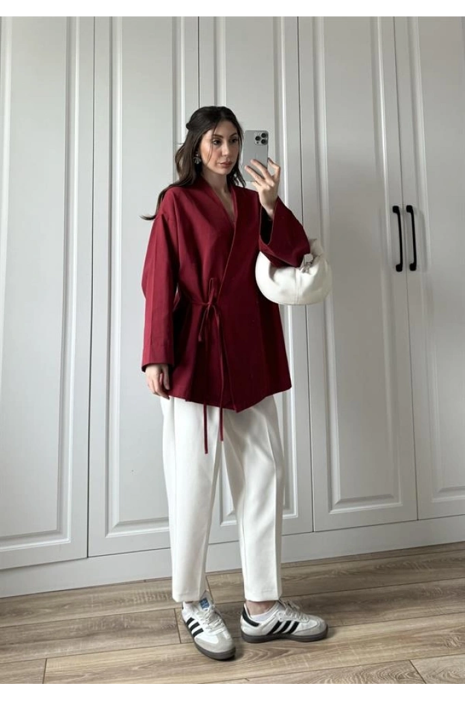 Bordo Yandan Bağlamalı Gabardin Kimono Ceket