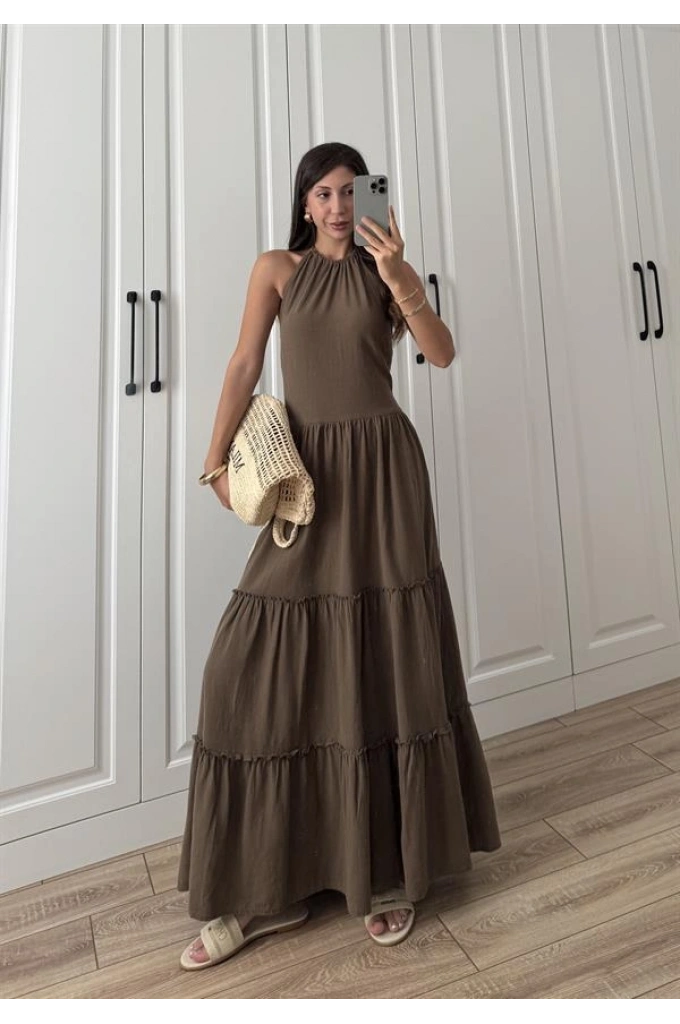 Boyundan Askılı Keten Premium Kilos Kahve Elbise