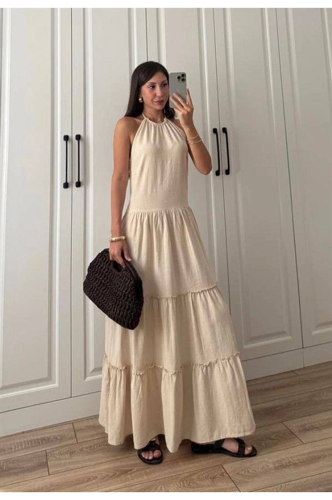 Boyundan Askılı Keten Premium Kilos Taş Elbise