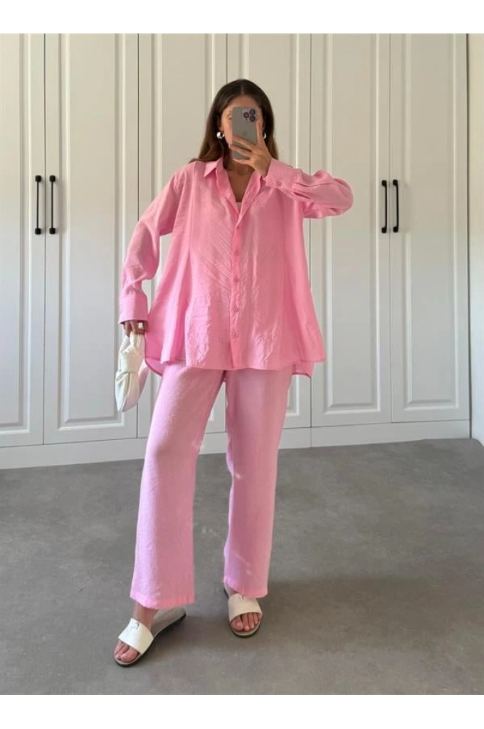 Buruş Kumaş Pile Detaylı Pembe Gömlek Takım