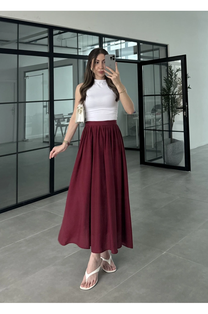 Büzgülü Astarlı Tensel Bordo Etek