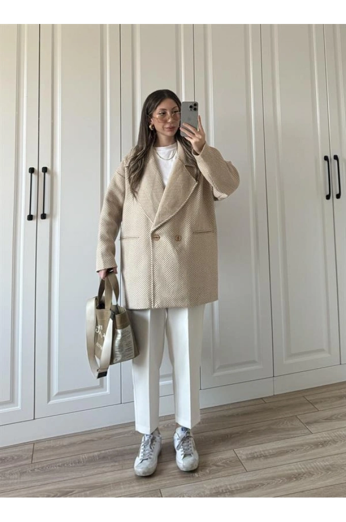 Camel Balıksırtı Desenli Kaşe Kaban