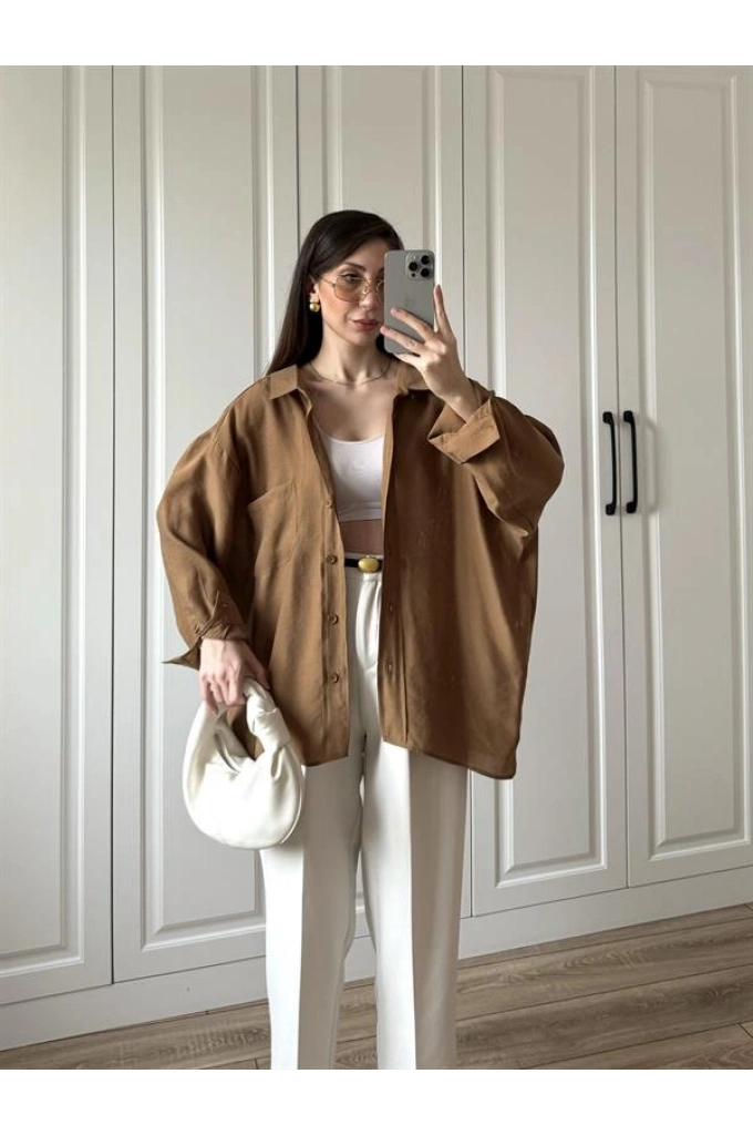 Camel Oversize Tensel Gömlek