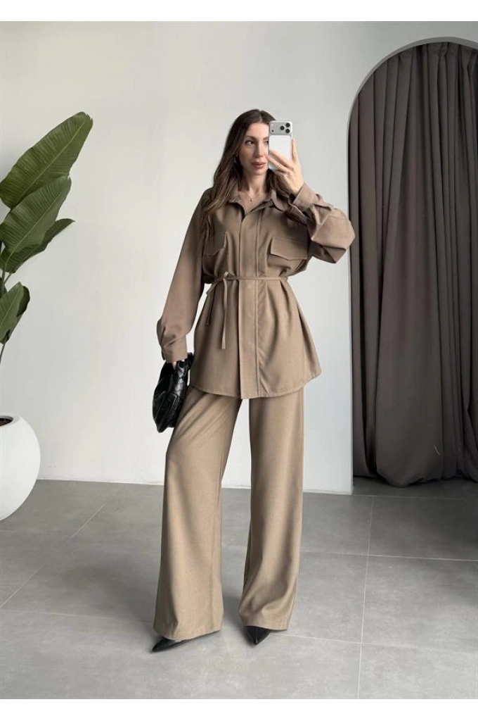 Cepli Premium Kuşaklı Haki Gömlek Takım