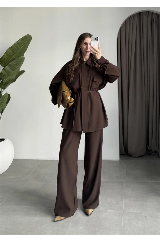 Cepli Premium Kuşaklı Kahve Gömlek Takım