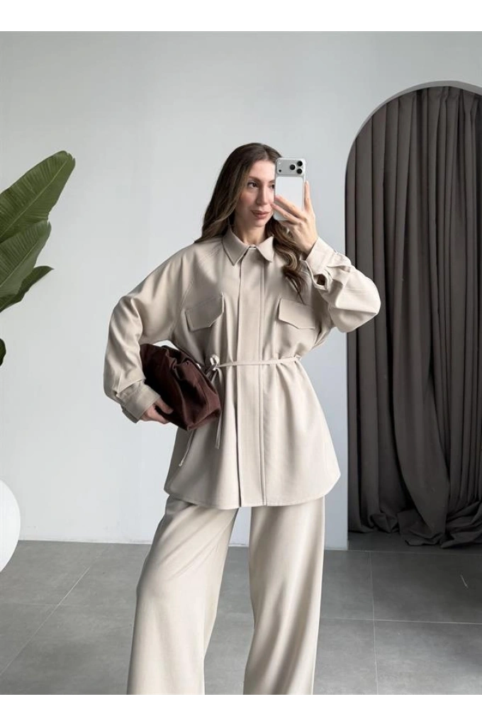 Cepli Premium Kuşaklı Taş Gömlek Takım