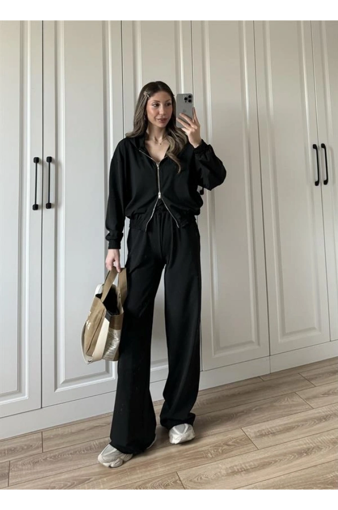 Çift Fermuarlı Siyah Spor Model Takım