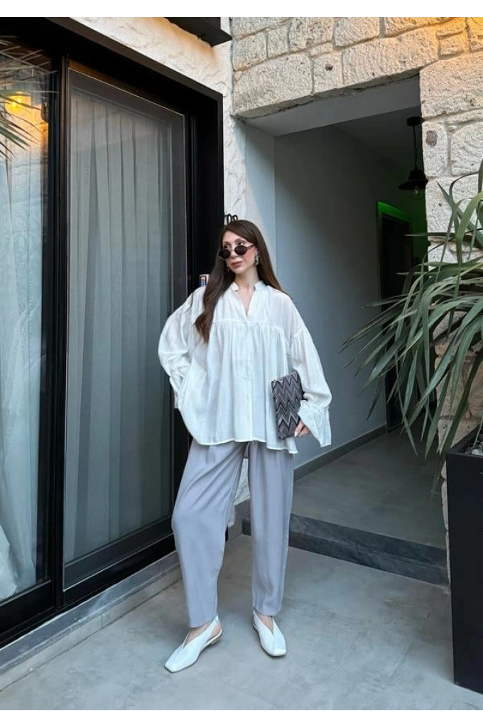 Çift Pensli Basic Tensel Gri Pantolon