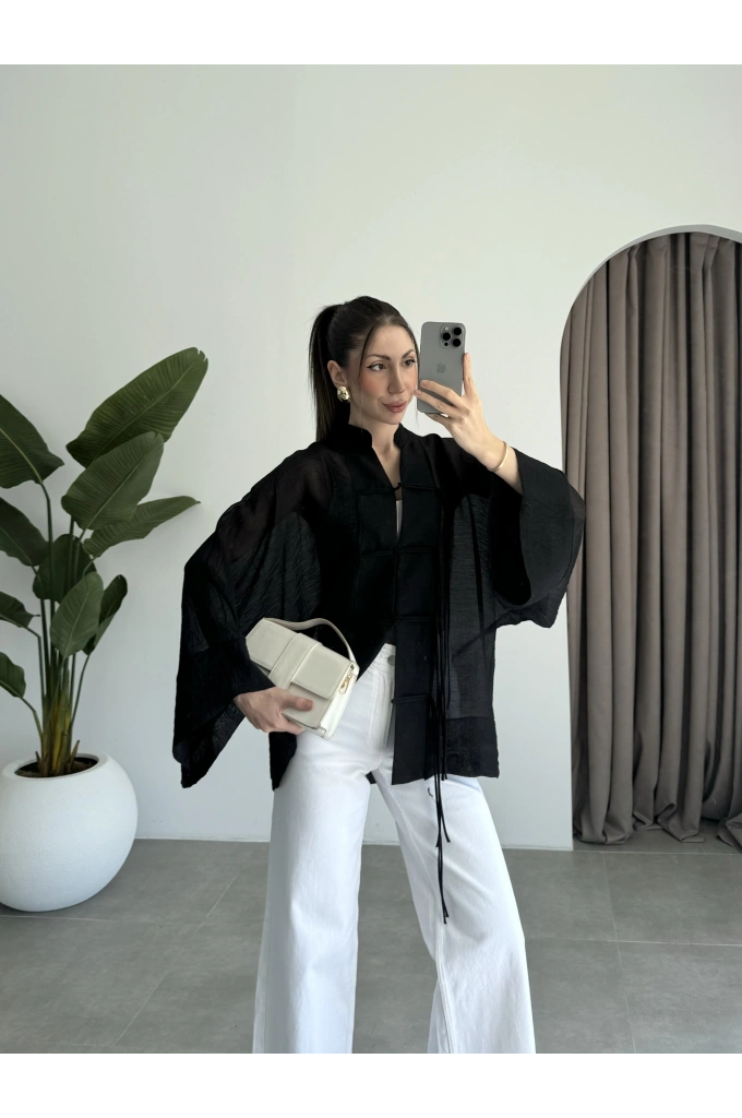 Çin Düğmeli Siyah Gömlek Kimono