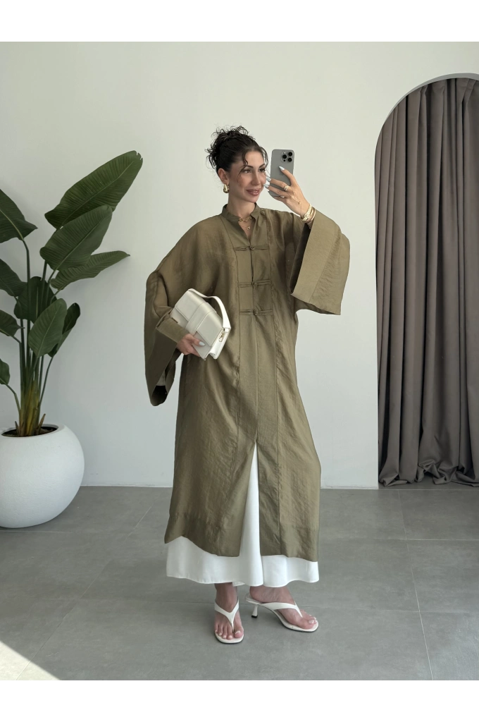 Çin Düğmeli Tensel Maxi Boy Haki Kimono