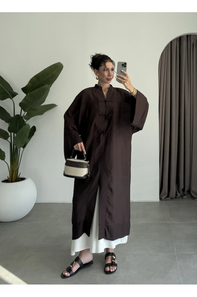 Çin Düğmeli Tensel Maxi Boy Kahve Kimono
