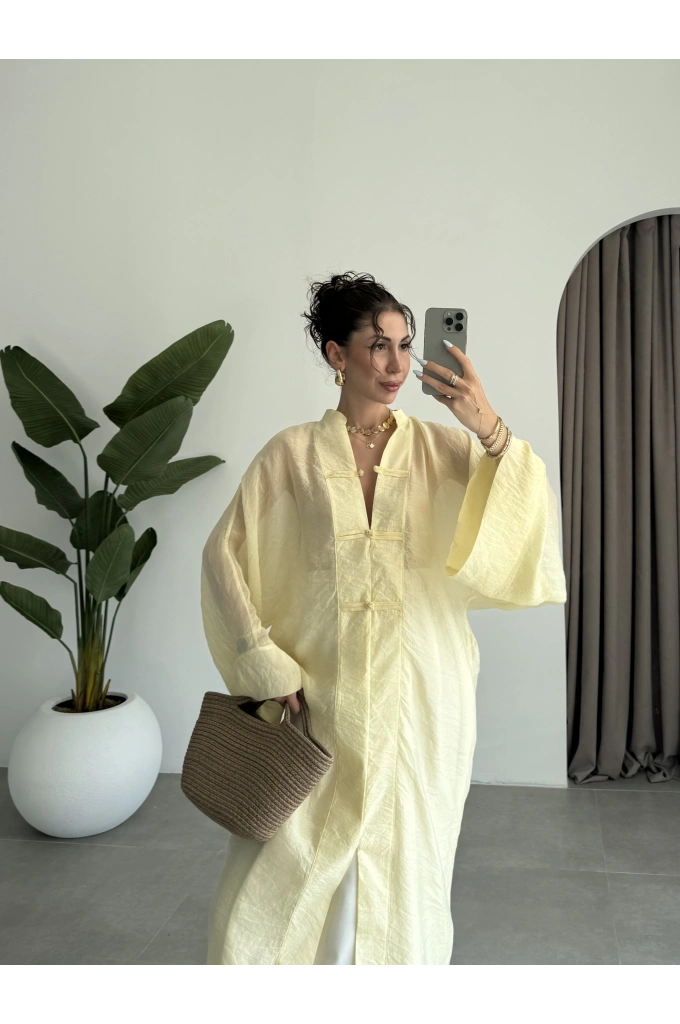 Çin Düğmeli Tensel Maxi Boy Sarı Kimono