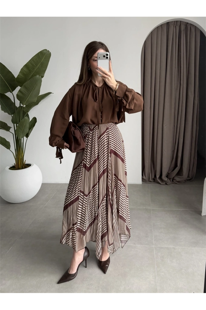 Çizgili Asimetrik Kahve Şifon Etek