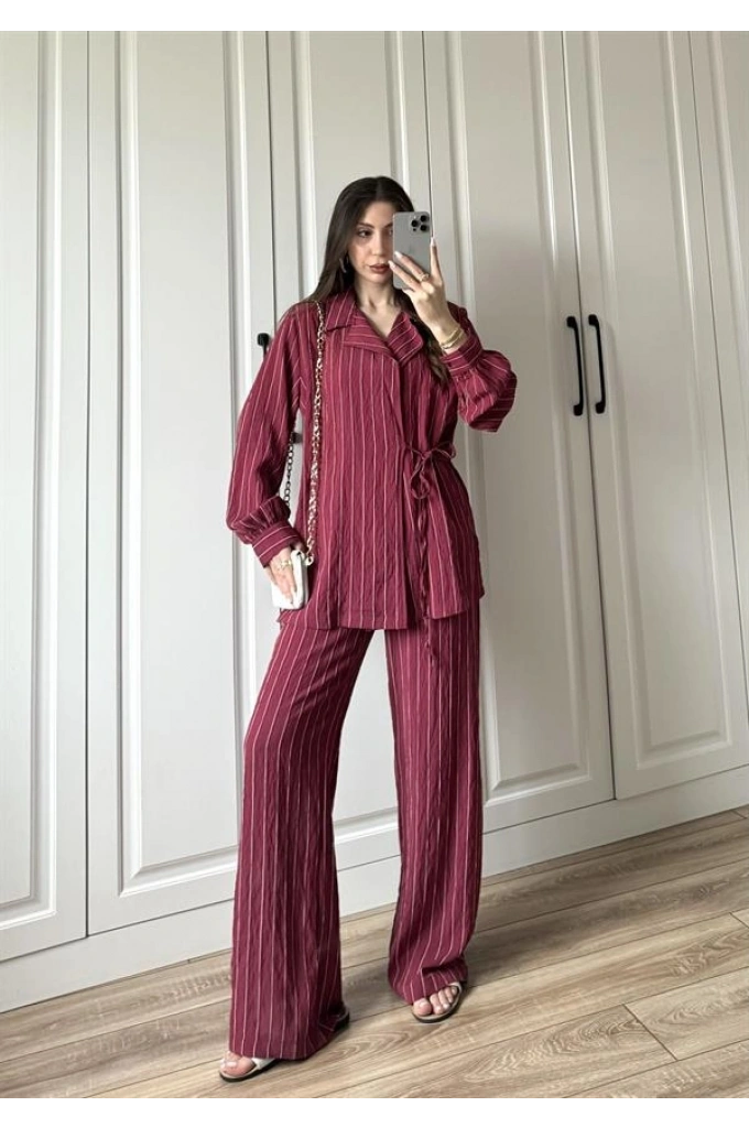 Çizgili Tensel Yandan Bağlamalı Bordo Kimono Takım