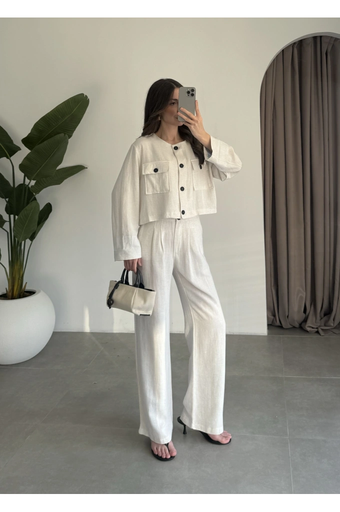 Crop Düğme Detaylı Taş Keten Takım