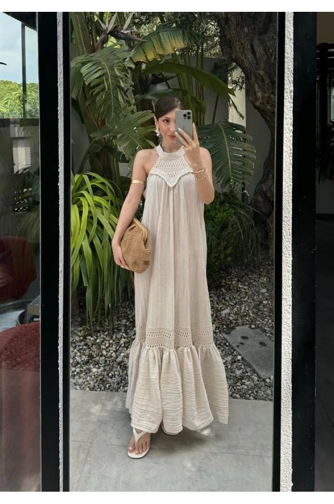 Dantel Detaylı Kuşaklı Gofre Taş Elbise