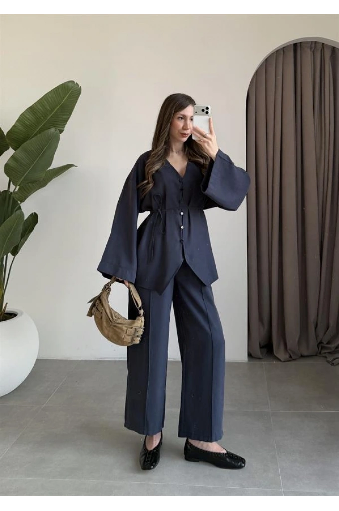 Deran Modal Kumaş Lacivert Kuşaklı Takım