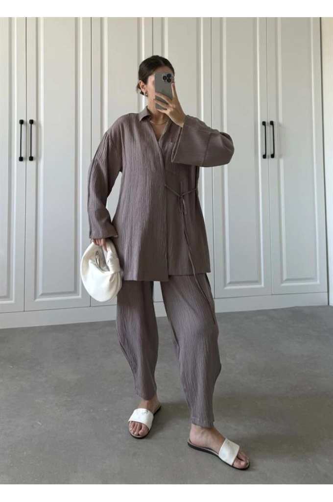 Devedikeni Gofre Bağlamalı Kimono Takım