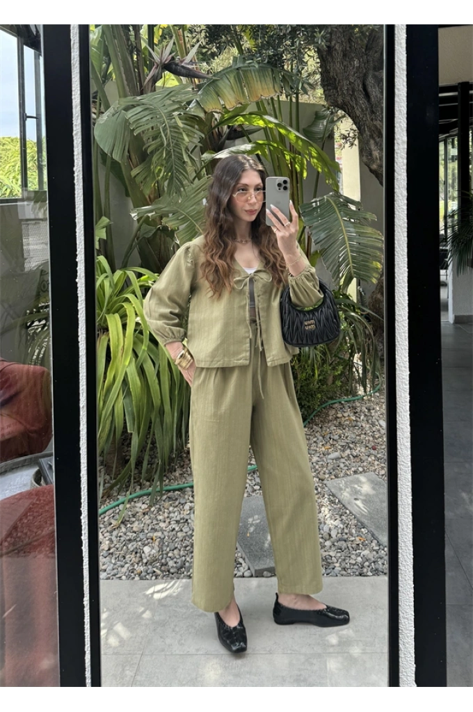 Diana Önü Bağlamalı Kısa Keten Haki Kimono Takım