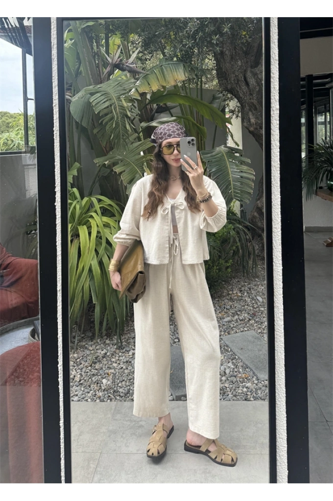 Diana Önü Bağlamalı Kısa Keten Taş Kimono Takım