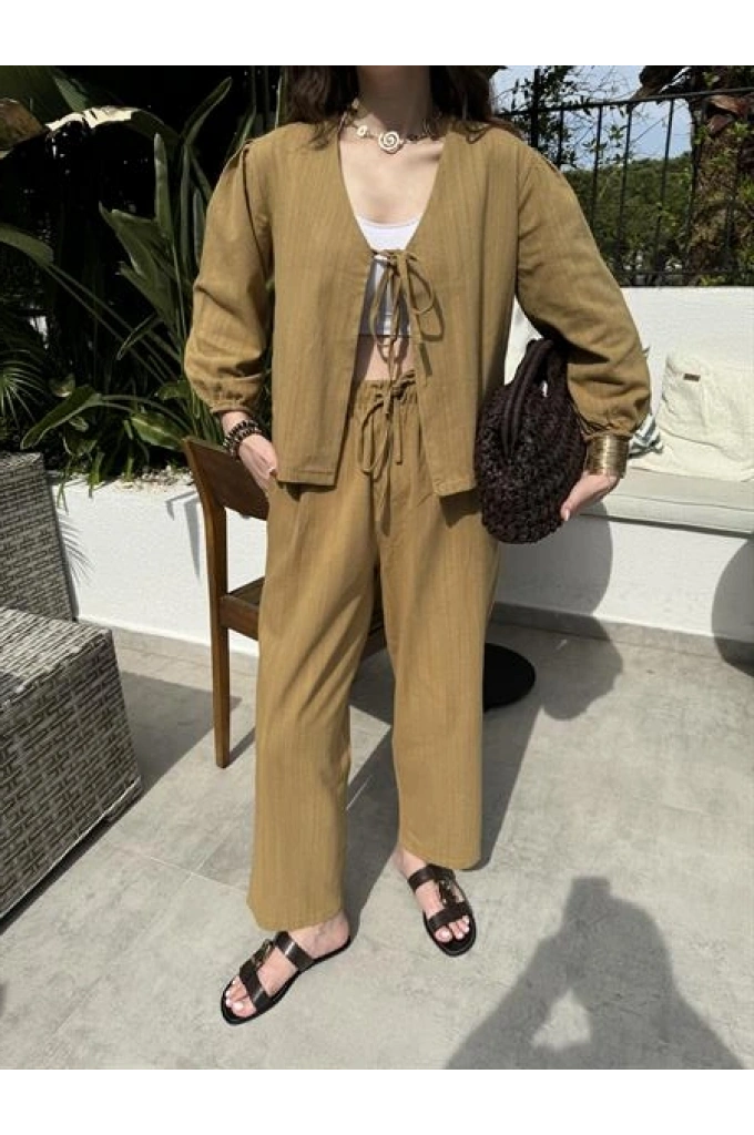 Diana Önü Bağlamalı Kısa Keten Yağ Yeşili Kimono Takım